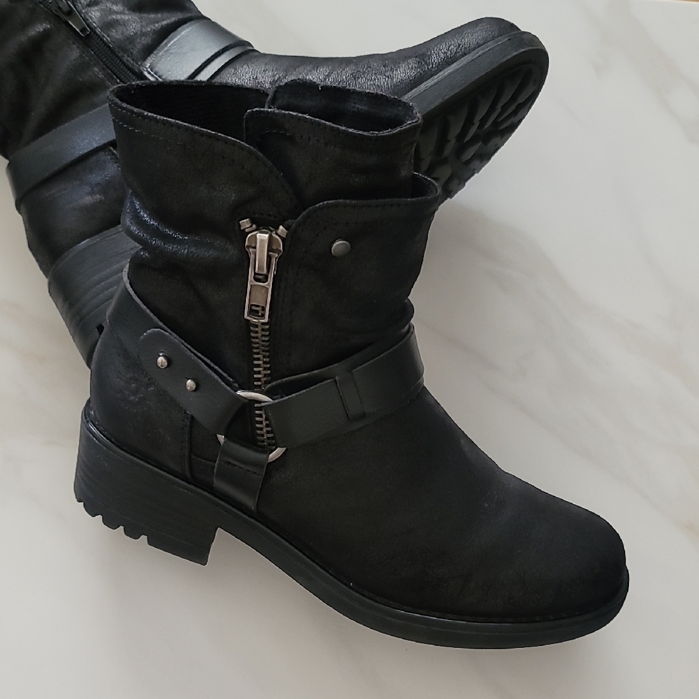 BULLBOXER 9 Black Casual Grunge Indie Y2K EUC Moto Combat Chunky Heel Ankle Boot - Picture 13 of 15
